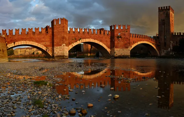 Water, bridge, pebbles, reflection, castle, wall, shore, tower