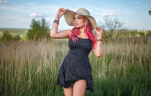 Picture pose, hat, nature, decoration, Alexey Yuriev, bracelets, girl, grass