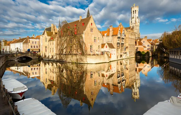 Picture bridge, boat, home, channel, Belgium, Bruges
