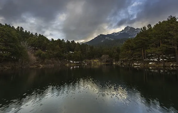 Forest, mountains, clouds, lake, Spain