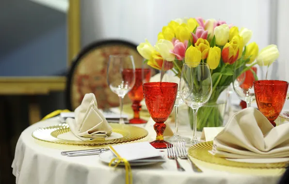 Flowers, glasses, tulips, plates, table, fork, serving, swipe