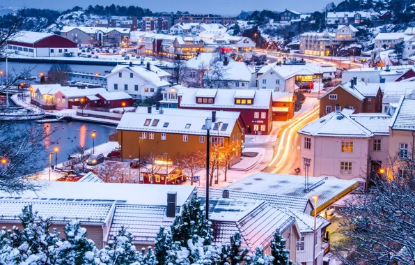 Picture winter, road, roof, light, snow, the city, lights, view