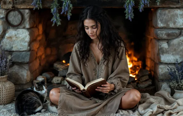 Cat, cat, girl, pose, comfort, fire, flame, dress