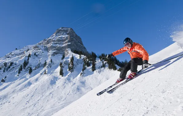 Forest, the sky, snow, landscape, mountains, nature, the descent, speed