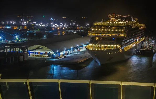 Night, lights, pier, liner