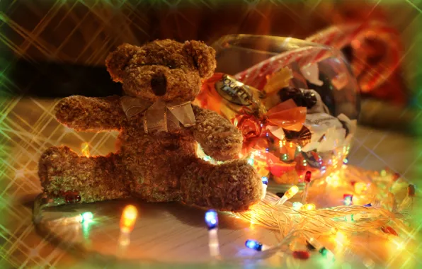 Toy, candy, sweets, vase, garland, lanterns, Teddy Bear, sweet cane