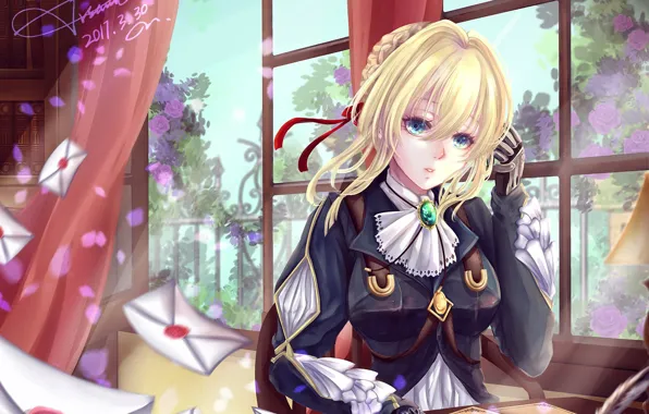 Anime, window, blonde, japanese, bishojo, mahou, Violet Evergarden