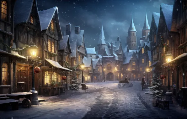 Winter, snow, the city, house, building, home, Christmas, New year