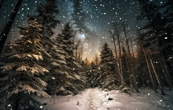 Winter, forest, stars, snow, trees, night, nature, ate