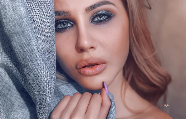 Eyes, look, face, hand, portrait, makeup, lips, fabric