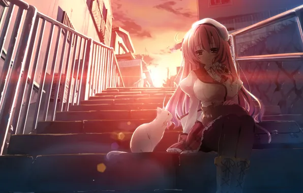 Picture cat, girl, sunset, the city, art, ladder, steps, 12 no tsuki no eve