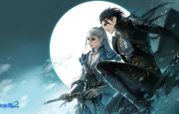 Night, weapons, the moon, the game, warrior, character, Chost Story 2, anime. guy