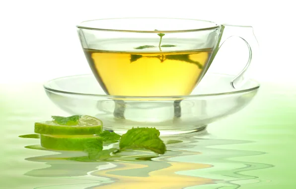 Green, tea, Cup, lime, mint, saucer, glass