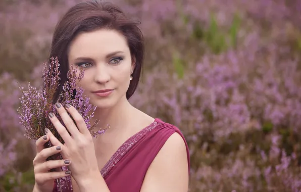 Picture field, girl, flowers, nature, dress, brunette, grass, manicure