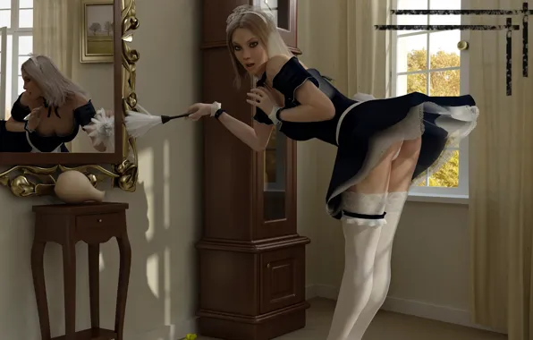 Reflection, Girl, mirror, cleaning, the maid