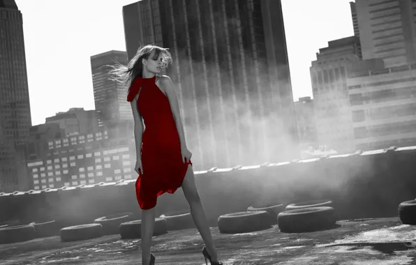 Red, Girl, The city, Dress