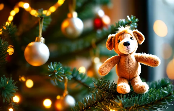 Balls, branches, toy, bear, Christmas, bear, New year, bear