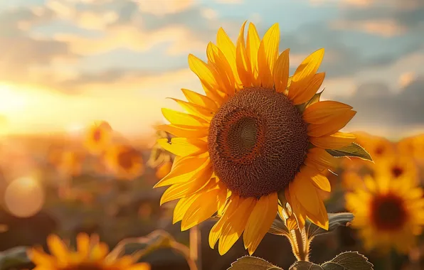 Field, summer, the sky, clouds, light, sunflowers, flowers, yellow