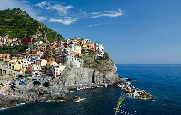 Sea, rocks, home, Italy, Manarola, Cinque Terre, The Ligurian coast