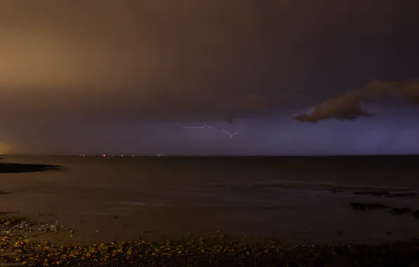 Picture sea, the sky, clouds, night, the city, lights, lightning