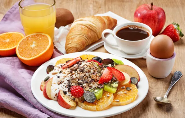 Glass, table, apples, egg, coffee, oranges, Breakfast, strawberry
