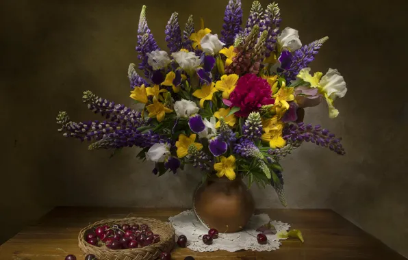 Flowers, berries, bouquet, still life, irises, cherry, napkin, peony