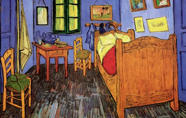 Picture table, room, bed, chairs, window, Vincent van Gogh, portraits, Vincent s Bedroom in Arles