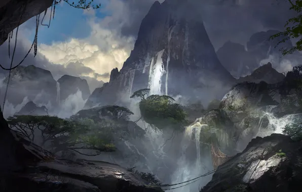 Trees, mountains, waterfall, viaduct, Waterfall