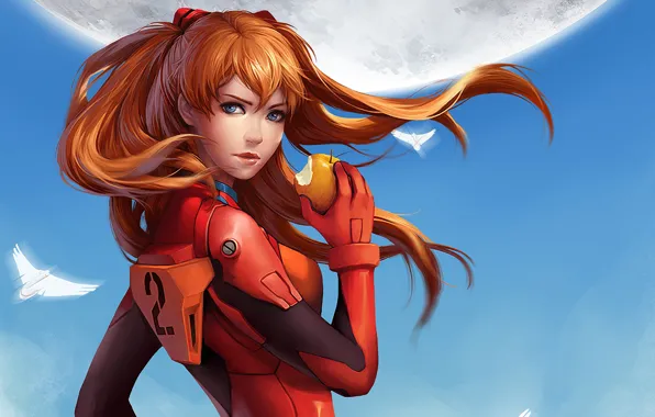 Apple, anime, costume, red hair, Neon Genesis Evangelion, girls, anime, blue sky