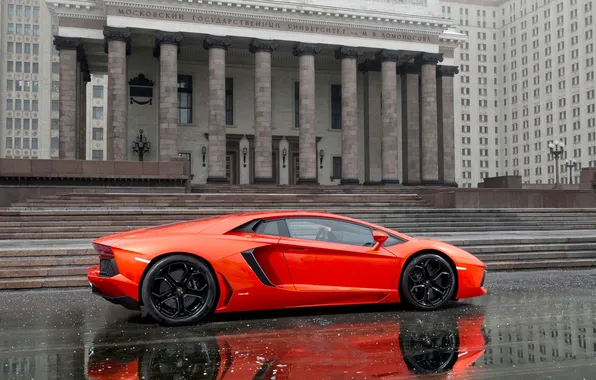 Lamborghini, Street, Orange, The building, Lamborghini, LP700-4, Aventador, Puddles