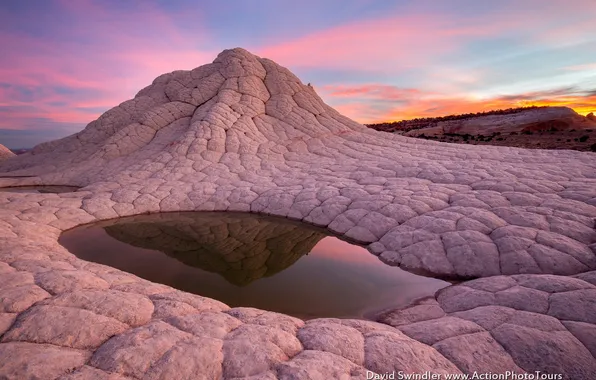 Picture reflection, rocks, hills, puddle