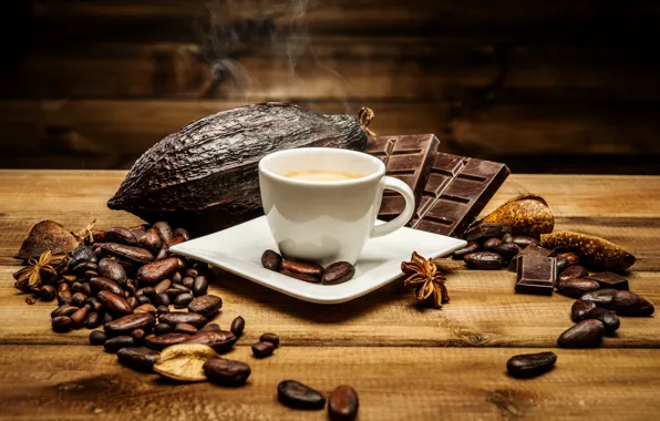 Chocolate, Cup, wood, coffee beans, Coffee, Chocolate, Cocoa, bean