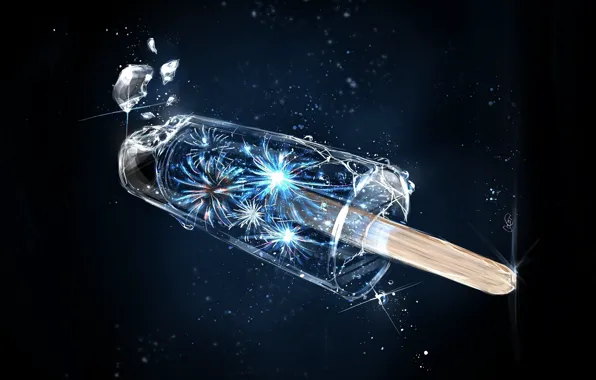 Glass, lights, blue background, shards of glass, popsicle on a stick, by Cocon