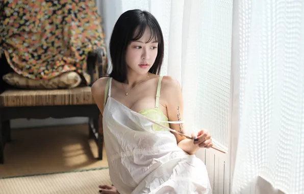 Girl, pose, brunette, tattoo, Asian, on the floor, sundress