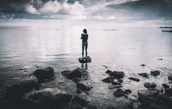 The sky, girl, clouds, lake, river, stones, overcast, back
