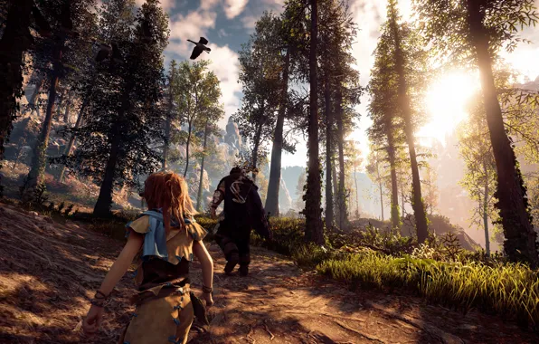 Forest, girl, nature, male, hunters, goose, Horizon Zero Dawn