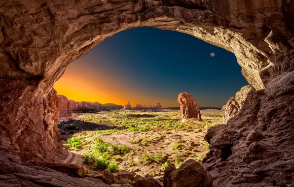 Nature, rocks, The moon, arch, cave
