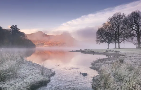 Picture frost, mountains, fog, lake