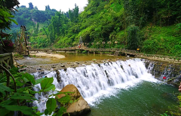 Greens, forest, trees, mountains, stream, stones, waterfall, village