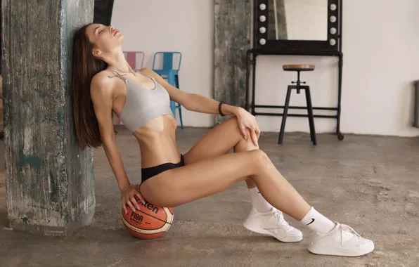 Basketball, Nike, tattoo, women, ball, belly, mirror, sitting