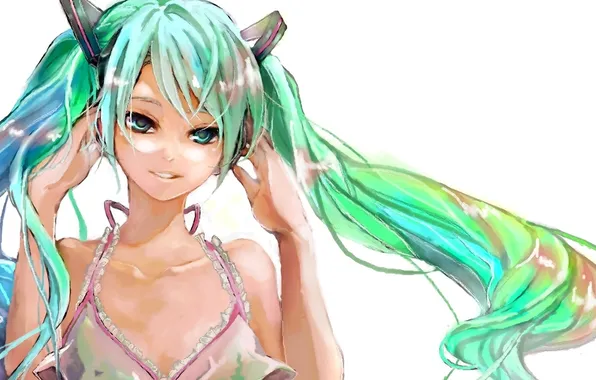 Picture girl, smile, hair, headphones, art, vocaloid, hatsune miku, Vocaloid