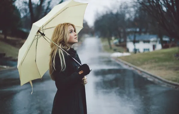 Girl, rain, umbrella, blonde
