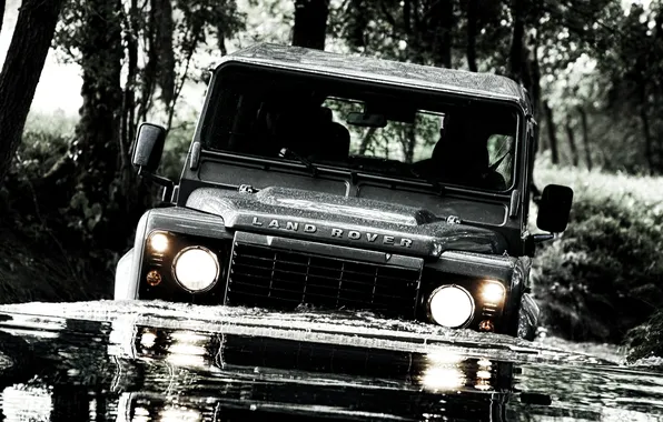 Picture forest, water, lights, jeep, SUV, land rover, the front, defender
