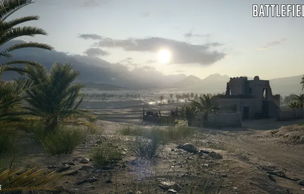 Mountains, house, palm trees, Battlefield 1, Suez