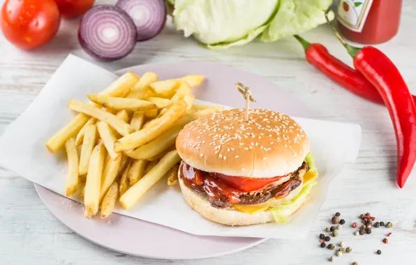 Hamburger, Pepper, vegetables, tomatoes, cabbage, French fries