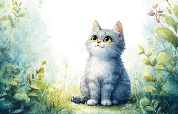 Cat, cat, look, leaves, flowers, nature, pose, grey