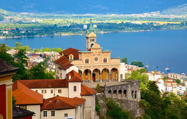 The city, lake, Switzerland, temple, the monastery, Switzerland, Ticino, Locarno