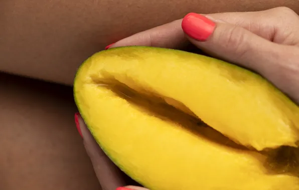 Girl, macro, feet, hands, fruit, fingers, mango, manicure