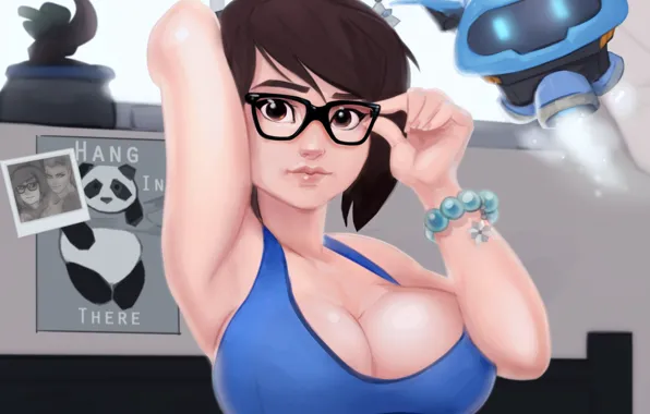 Chest, girl, robot, Tits, glasses, art, drone, mei