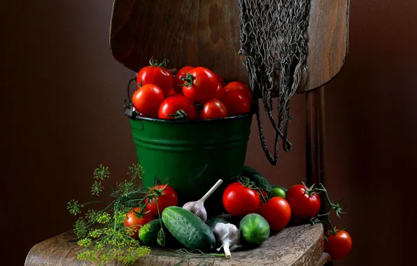 Mesh, harvest, dill, chair, bucket, still life, tomatoes, a lot